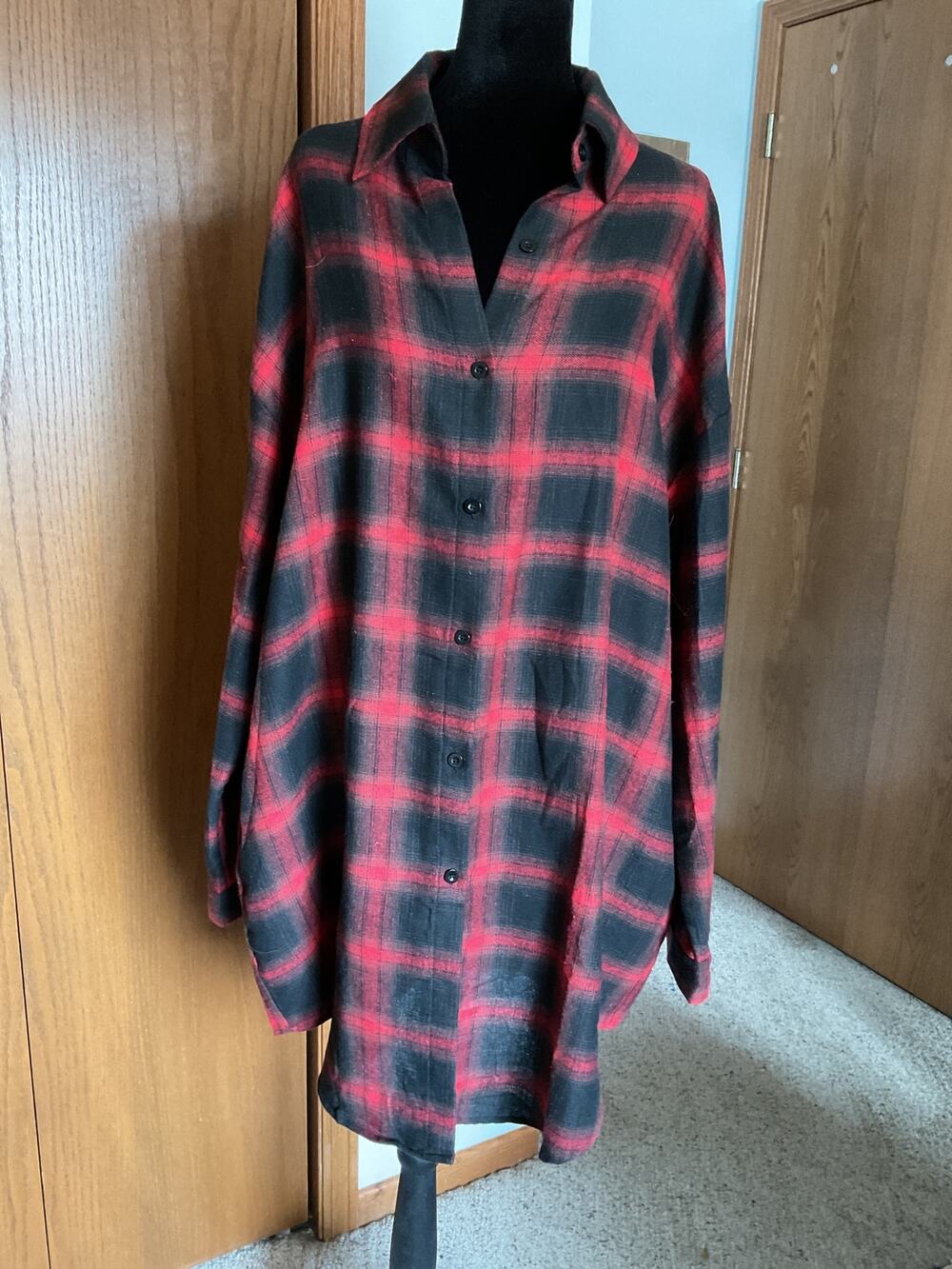 NWT Plaid Flannel Shirt Dress Red Black Buffalo Check Shacket With Pockets